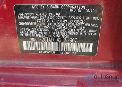 2019 Subaru Crosstrek 2.0I Premium from USA, damaged, VIN JF2GTAEC0K8352967